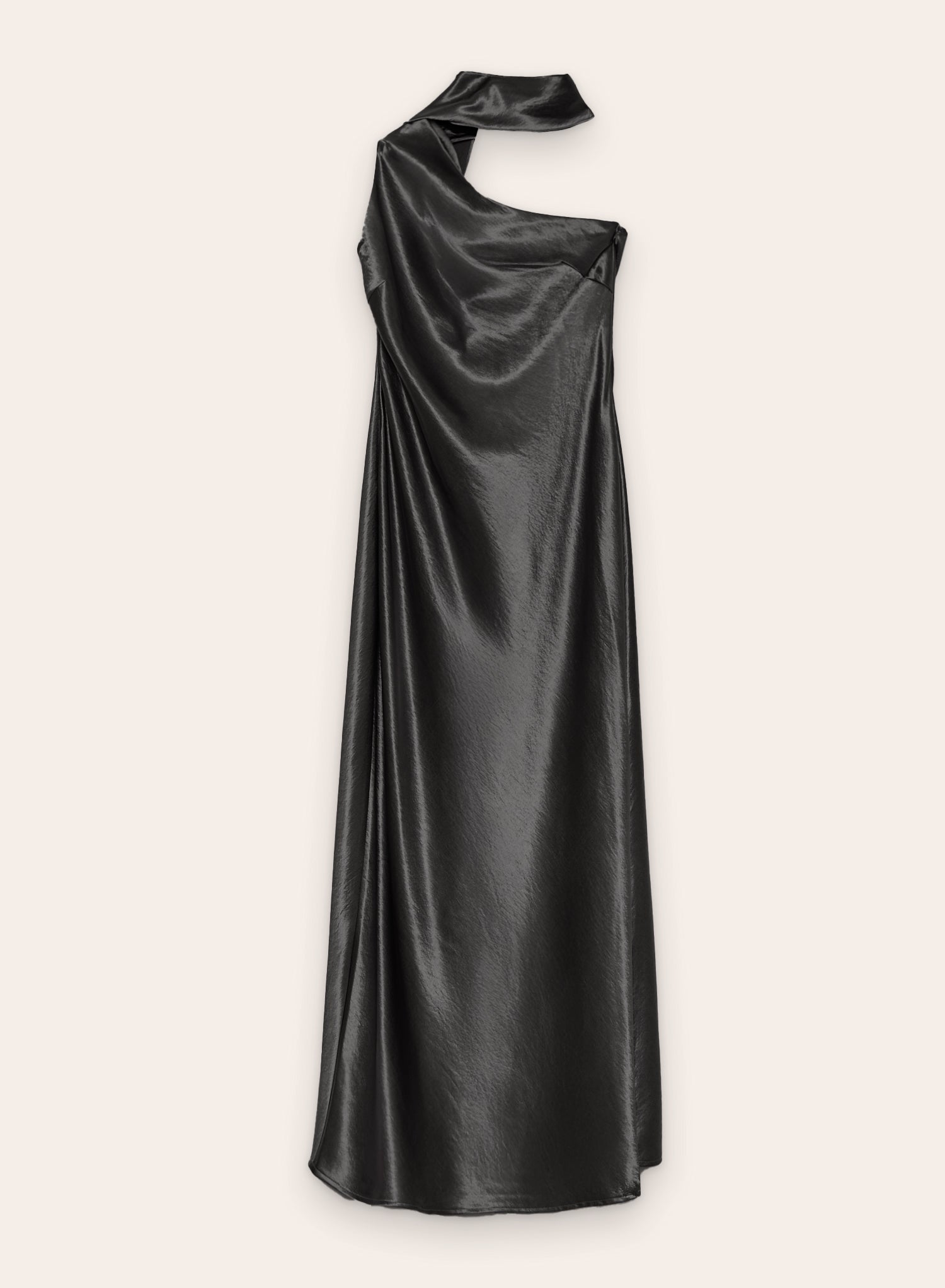 Black Satin One Shoulder Scarf Neck Maxi Dress
